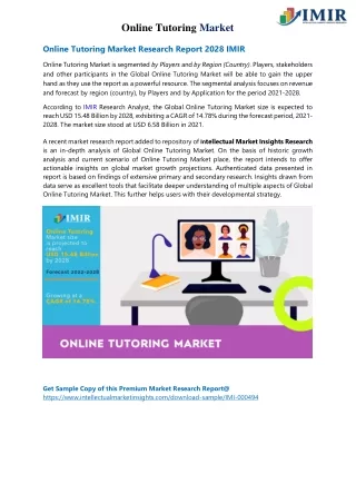 Online Tutoring Market Market Size to Gain $15.48 Billion in 2028, IMIR