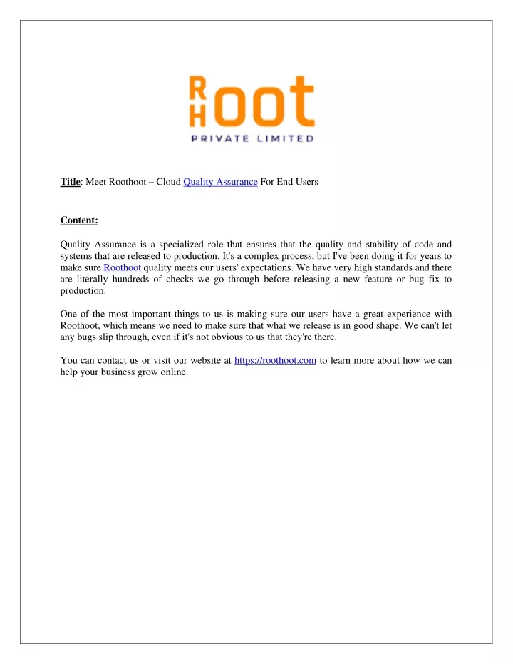 title meet roothoot cloud quality assurance