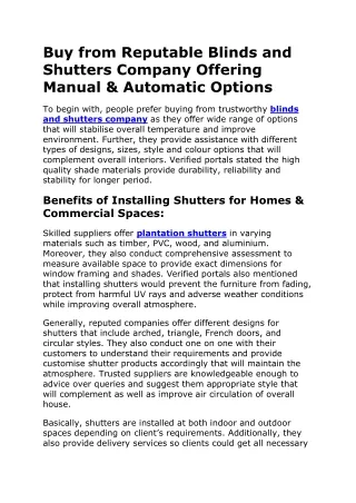 Buy from Reputable Blinds and Shutters Company Offering Manual And Automatic Options