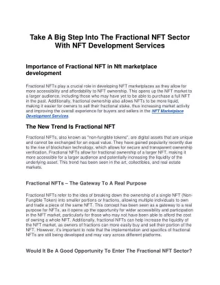 Take A Big Step Into The Fractional NFT Sector With NFT Development Services