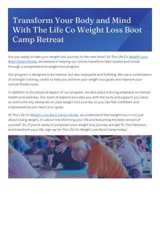 Transform Your Body and Mind With The Life Co Weight Loss Boot Camp Retreat