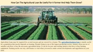 How Can The Agricultural Loan Be Useful For A Farmer And Help Them Grow?