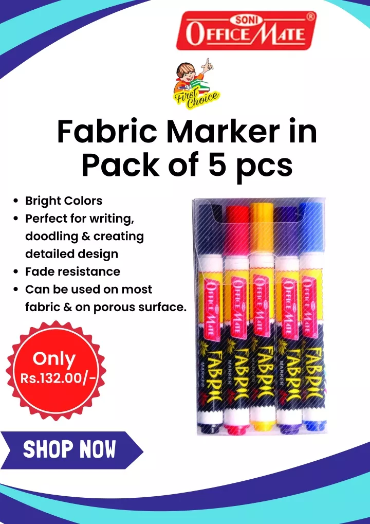 fabric marker in pack of 5 pcs bright colors