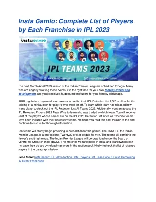 Insta Gamio: Complete List of Players by Each Franchise in IPL 2023