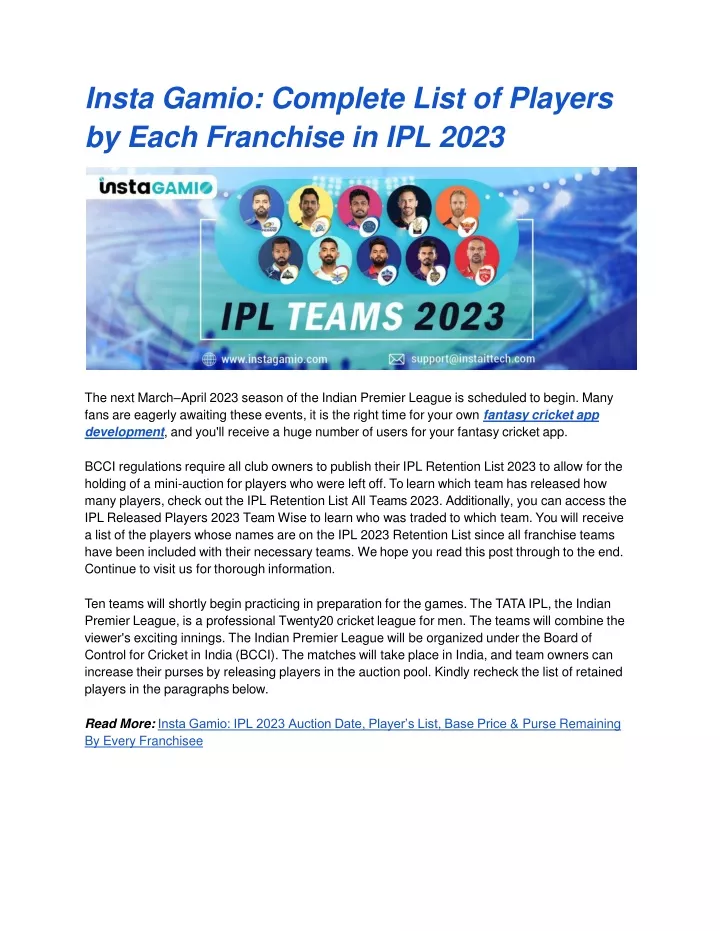 insta gamio complete list of players by each franchise in ipl 2023