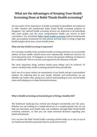What are the Advantages of Keeping Your Health Screening Done at Bukit Timah Health screening
