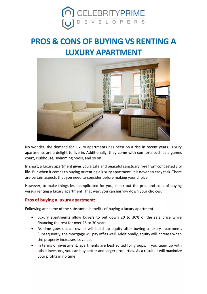 pros cons of buying vs renting a luxury apartment