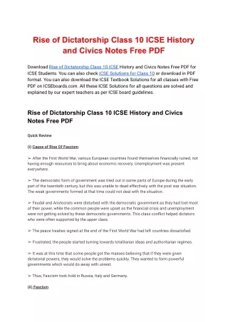 Rise of Dictatorship Class 10 ICSE History and Civics Notes Free PDF