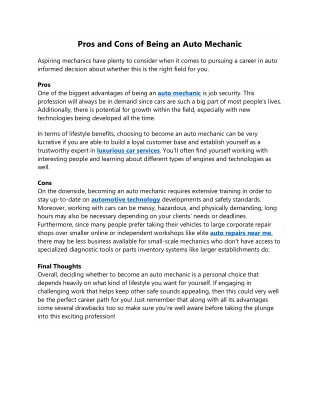 Pros and Cons of Being an Auto Mechanic