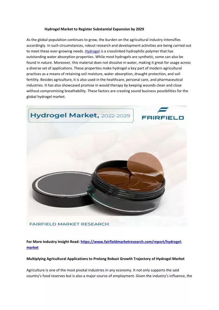 hydrogel market to register substantial expansion