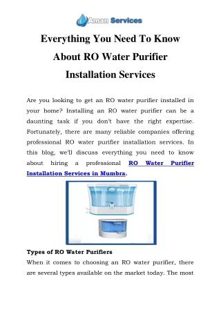RO Water Purifier Installation Services in Mumbra Call-7290092205