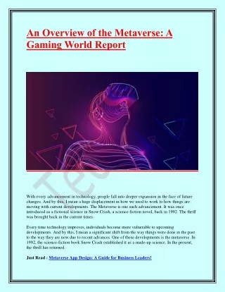 an overview of the metaverse a gaming world report