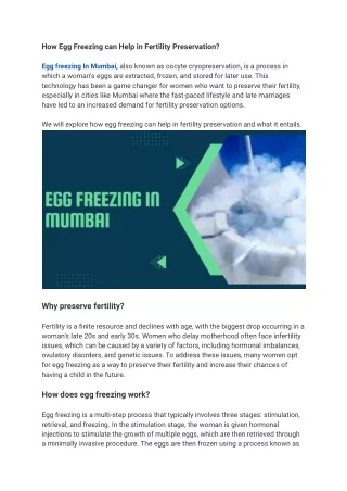 How Egg Freezing can Help in Fertility Preservation