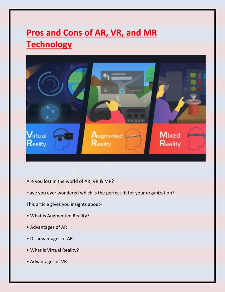 pros and cons of ar vr and mr technology