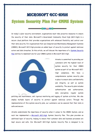 System Security Plan For CMMS System