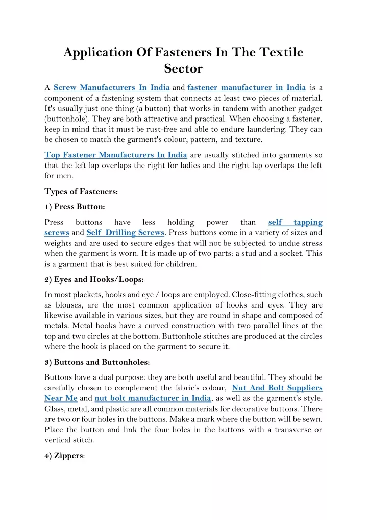 application of fasteners in the textile sector