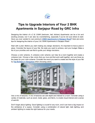Tips to Upgrade Interiors of Your 2 BHK Apartments in Sarjapur Road by GRC Infra