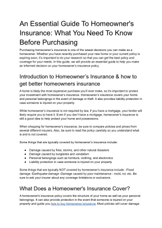 An Essential Guide To Homeowner's Insurance: What You Need To Know Before Purcha