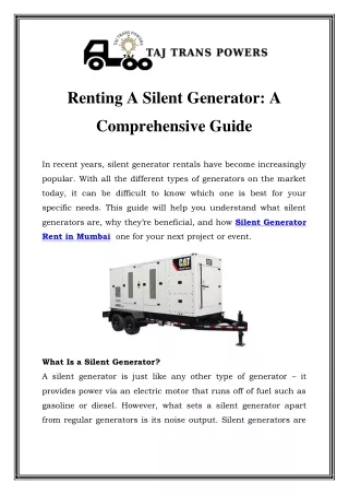 Silent Generator Rent in Mumbai Call-9870276640