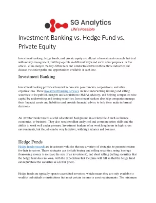 Investment Banking vs. Hedge Fund vs. Private Equity
