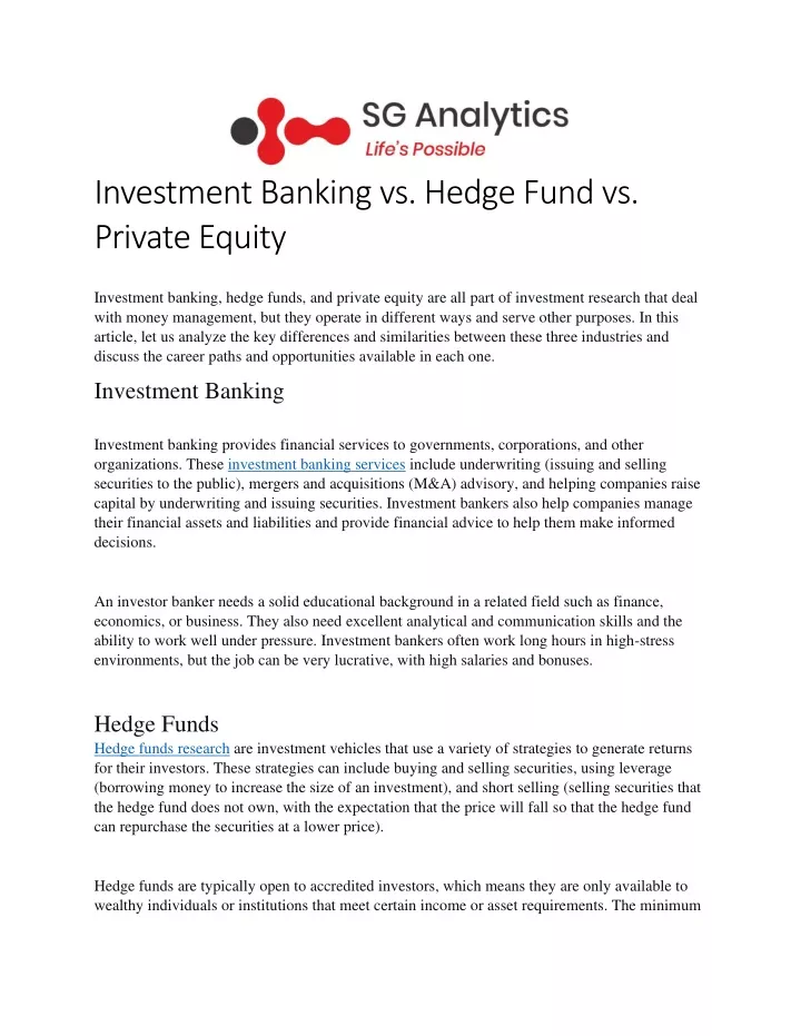 investment banking vs hedge fund vs private equity