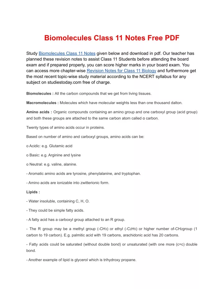 biomolecules class 11 notes free pdf