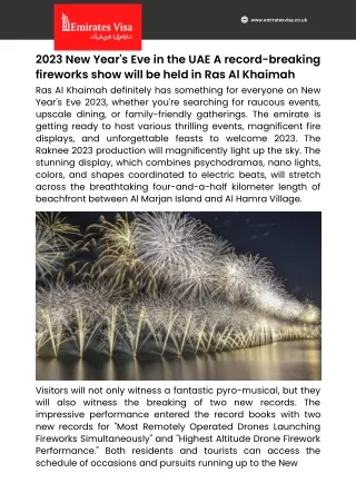 2023 New Year's Eve in the UAE A record-breaking fireworks show will be held in Ras Al Khaimah