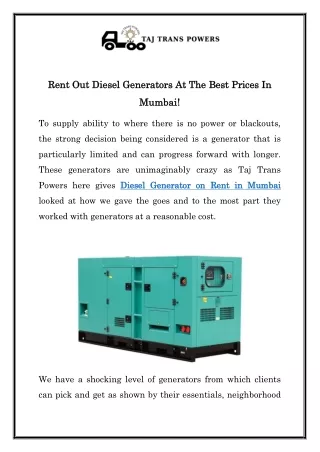 Diesel Generator on Rent in Mumbai | Call  91- 9820640061 | Taj Trans Powers