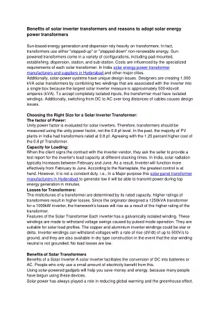 Benefits of solar inverter transformers and reasons to adopt solar energy power transformers