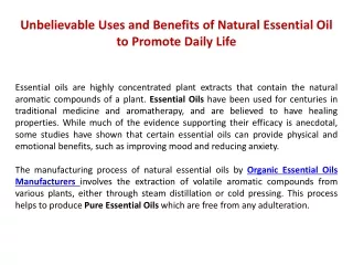 Unbelievable Uses and Benefits of Natural Essential Oil to Promote Daily Life