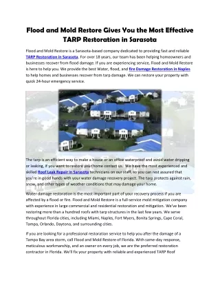 Flood and Mold Restore Gives You the Most Effective TARP Restoration in Sarasota