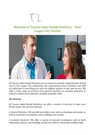 Welcome to Tuscan Lakes Family Dentistry – Your League City Dentist