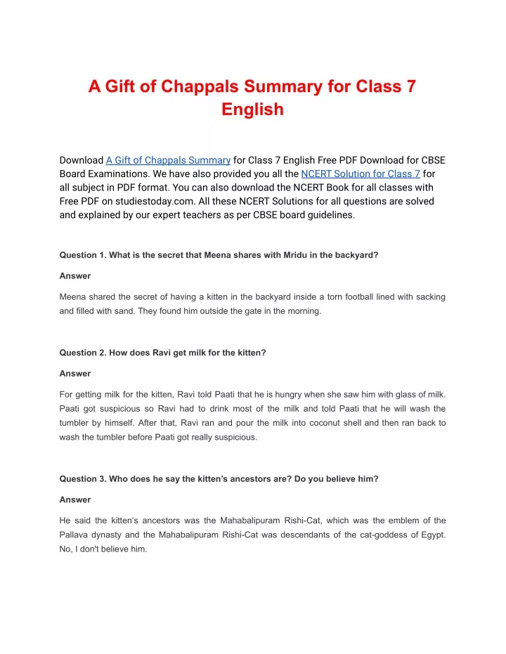Class 7 English Honeycomb Chapter 2 Question Answers - A Gift of Chappals