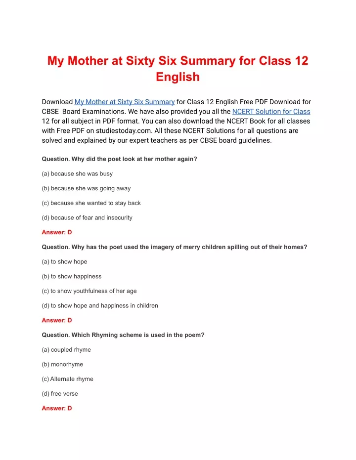 my mother at sixty six summary for class