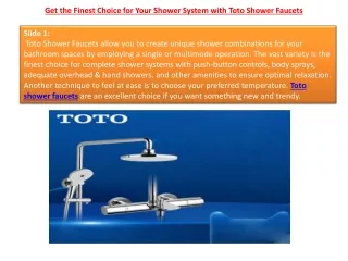 Get the Finest Choice for Your Shower System with Toto Shower Faucets