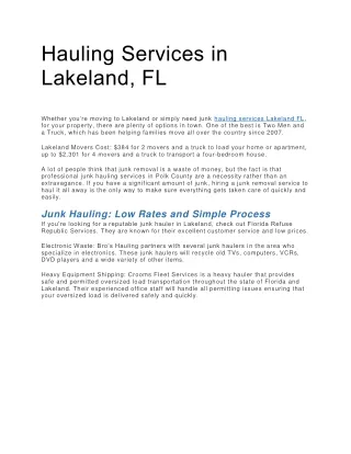 Hauling Services in Lakeland