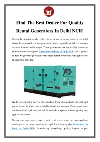 Generator On Rent In Delhi NCR Call-9810679523