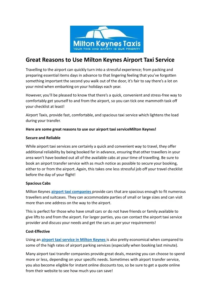 great reasons to use milton keynes airport taxi