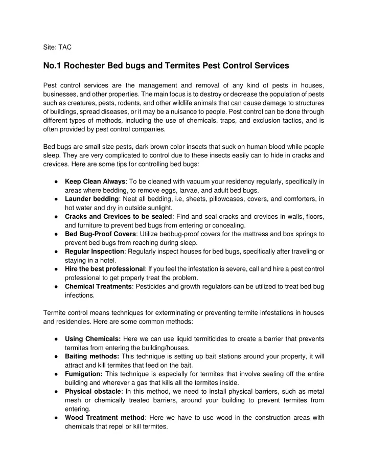 site tac no 1 rochester bed bugs and termites