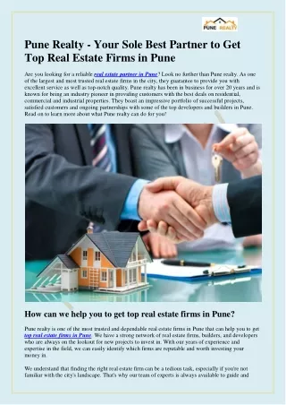 Pune Realty - Your Sole Best Partner to Get Top Real Estate Firms in Pune