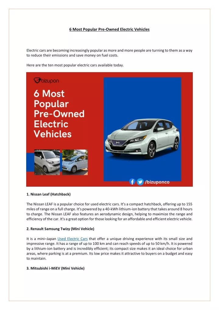 PPT 6 Most Popular PreOwned Electric Vehicles to Buy For 2023