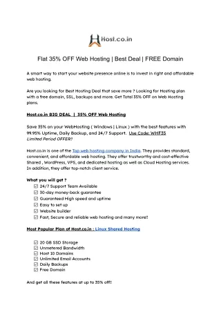 Flat 35% OFF Web Hosting  |  Best Deal | FREE Domain