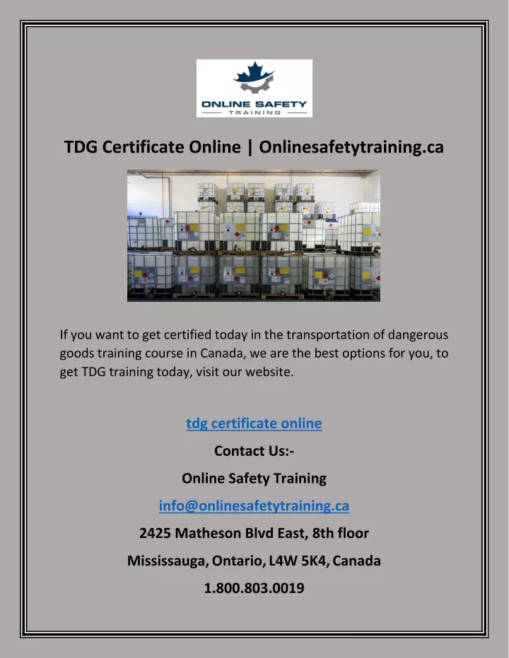 tdg certificate online onlinesafetytraining ca
