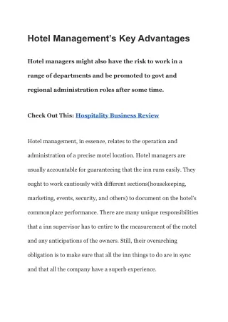 Hotel Management’s Key Advantages