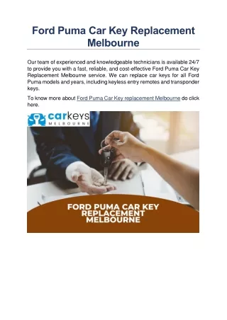 Ford Puma Car Key Replacement Melbourne