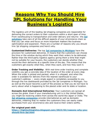 Reasons Why You Should Hire 3PL Solutions for Handling Your Business’s Logistics