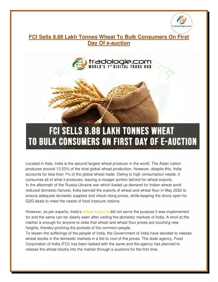 fci sells 8 88 lakh tonnes wheat to bulk