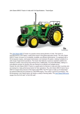 John Deere 5050 D Tractor in India with Full Specifications - TractorGyan