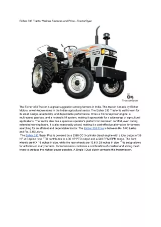 Eicher 333 Tractor Various Features and Price - TractorGyan