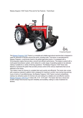 Massey ferguson 1035 Tractor Price and Its Top Features - TractorGyan